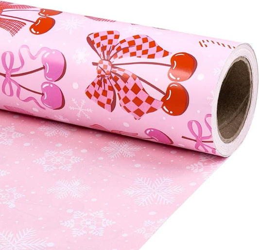 RUSPEPA Reversible Christmas Bow Wrapping Paper Roll, Mini Roll, Pink Romantic Cherry Bow and Candy Cane Design, White Snowflake Gift Wrap Paper for Girls, Women, Holiday Gifts, 17 Inches x 32.8 Feet