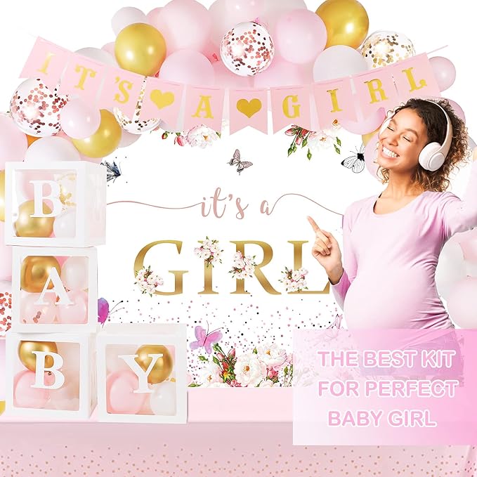 Pink Gold Baby Shower Decor Kit with It's a Girl Backdrop Banner, Balloons, Pink Balloon Garland, Tablecloth and Sash