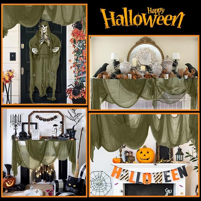 400" x 85" Halloween Creepy Cloth Decoration,Large Green Spooky Fabric Cloth Scary Gauze Cheesecloth for Haunted House Halloween Party Yard Wall Indoor Outdoor Decor
