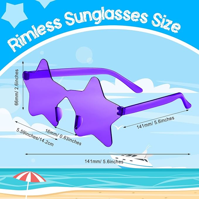 PLULON 7 Pairs Purple Star Sunglasses Bulk Rimless Star Shape Sunglasses Star Glasses Bachelorette Sunglasses Star Party Favors for Birthday Beach Kids Adult