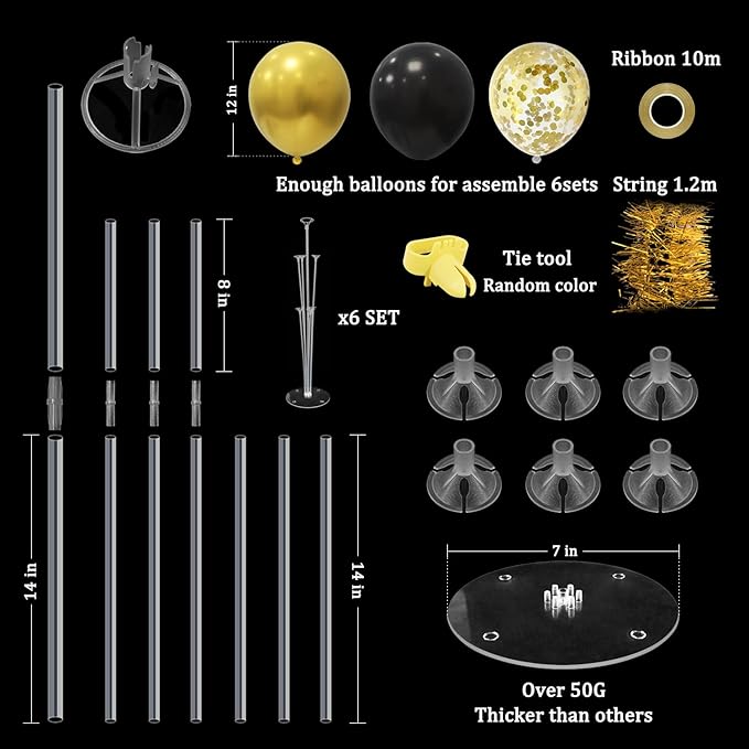 6 Set Balloon Stand with Balloons, Black and Gold Party Decorations, Birthday Graduation Retirement Father's Day Halloween New Years Decorations 2025