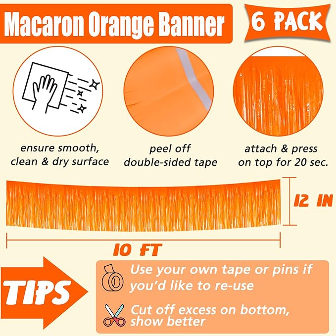 6 Pack 10 Feet Foil Fringe Garland Metallic Tinsel Banner Wall Hanging Curtain Streamers Backdrop for Parade Floats Bachelorette Wedding Birthday Party Thanksgiving Christmas Decorations(Orange)