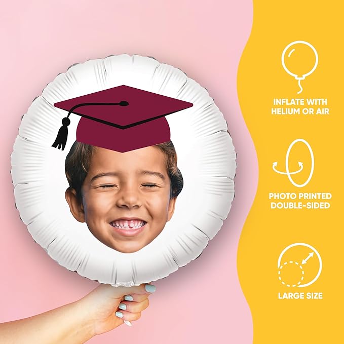 Big Dot of Happiness Personalized Maroon Grad Cap Fun Face Photo Balloon, Elementary High School College Burgundy Custom Graduation Party Decorations, Double-Sided Round Circle Mylar, 1 Piece