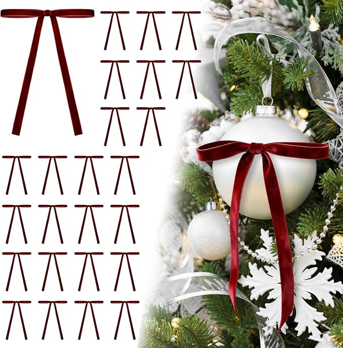 24Pcs Velvet Ribbon 5 x 7 Inch Christmas Ribbon 3/8 Inch Wide Christmas Bows Vintage Velvet Bows for Christmas Tree Burgundy Bows for Christmas Tree Decorations