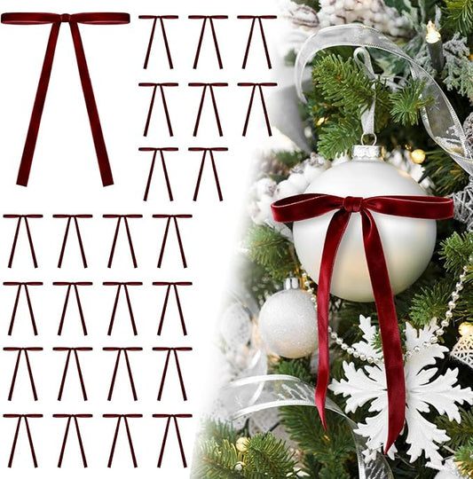 24Pcs Velvet Ribbon 5 x 7 Inch Christmas Ribbon 3/8 Inch Wide Christmas Bows Vintage Velvet Bows for Christmas Tree Burgundy Bows for Christmas Tree Decorations