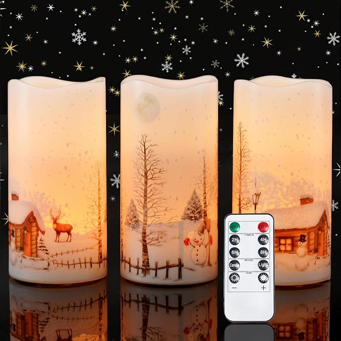 Homemory Christmas Flameless Candles Battery Operated with Snowman, Remote Control and Timers, Real Wax LED Pillar Candles for Rustic Country Home Farmhouse Cabin Decor, Set of 3, 3”x 6”