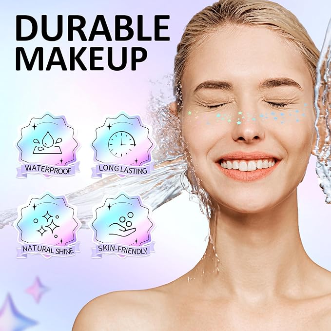 24PCS Holographic Glitter Freckles, Holographic Multichrome Fake Freckles Face Tattoo Long Lasting Glitter Makeup Patches for Halloween Christmas Party