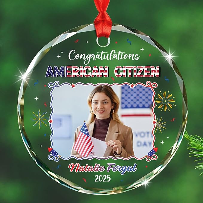 Personalized Congratulations American Citizen Ornament with Name & Photo, Upload Photo New American Citizen Xmas Tree Ornaments 2025, Customized Glass Christmas Ornament Gifts for Men Women Citizens