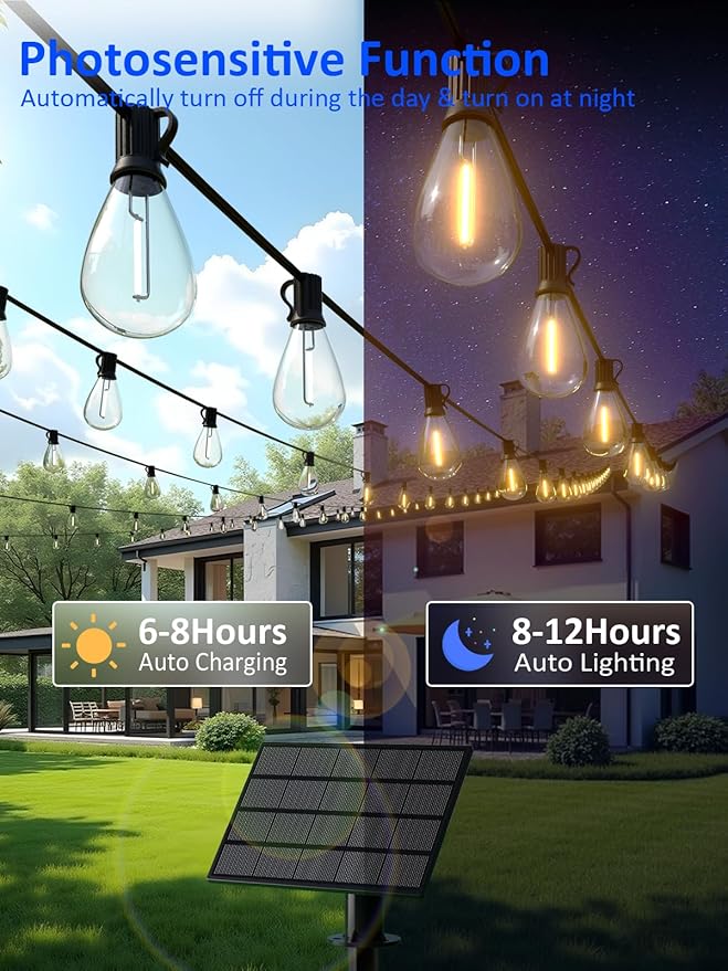 luckystyle 29FT Solar String Lights Outdoor Waterproof with 10+1 LED Bulbs Long Last for 20+Hrs, Commercial Grade Shatterproof USB Patio Solar Powered Lights for Camping，Backyard, Garden, Porch Decor