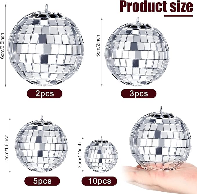 Mtlee 20Pcs Disco Balls Decoration Mirror Disco Ball for Christmas Tree Flies Assorted for Party Decor Hanging Mini Glass Different Size Reflective with Rope for DIY Wedding Music Prom Props