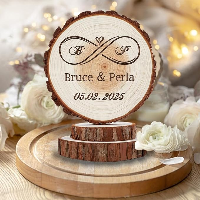 Rustic Wedding Cake Topper - Handmade Wood Slices, Personalized Infinity Love Cake Top, Personalized Engraved Initilas Names and Date, Anniversary Keepsake, Happy Birthday Wooden Decorations