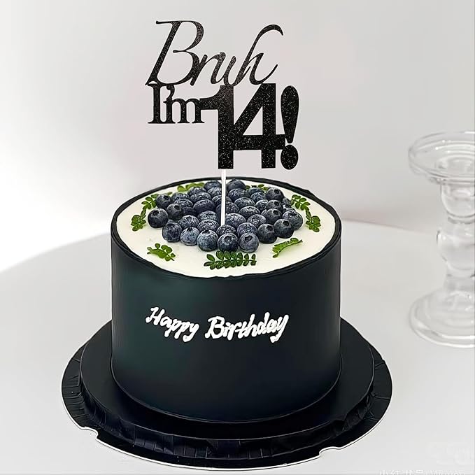 Bruh I'm 14 Cake Topper - Black Glitter Happy 14th Birthday Decorations for Boys Teens, Funny 14 Year Old Party Supplies, Bro I'm 14 Cake Decor (Bruh I'm 14！,14th)