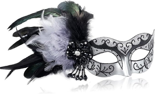 2025 New Silver Women Masquerade Mask with Feathers - Womens Mascarade Venetian Mask for Masquerade Party, Mardi Gras, Halloween Cosplay Prom, Christmas