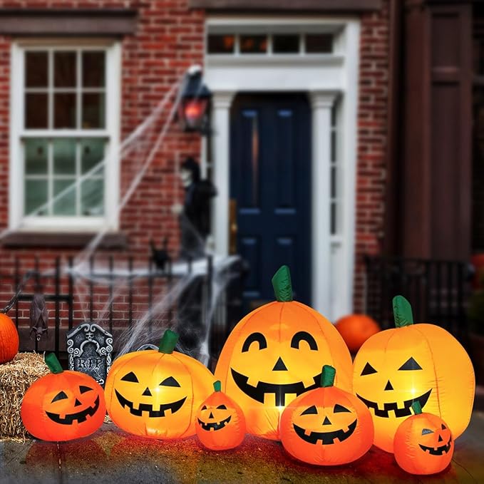 Halloween Inflatable Pumpkin Outdoor Decoration,JackoLanterns with Build-in LED Lights, Blow Up 7 Pcs Pumpkins Patch for Halloween Party Indoor Garden Lawn Yard Decor (7.5 FT 7 Pumpkins)