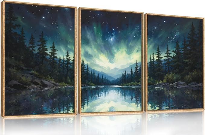 HOURIA Northern Lights Forest Lake Framed Canvas Wall Art Set,Aurora Borealis Mountain Wall Decor,Night Sky Reflective Water Artwork,Modern Wilderness Landscape Prints for Living Room,Office-16"x24"x3