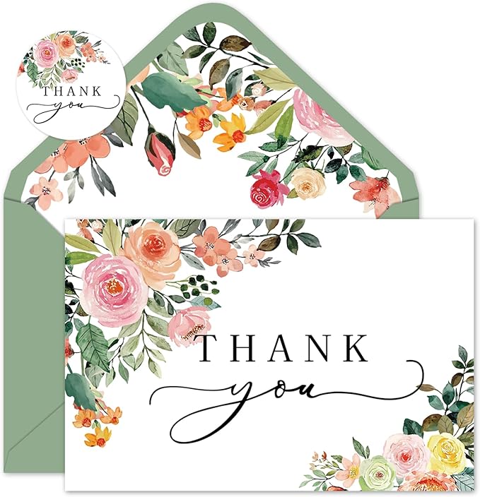 Whaline 50 Pack Floral Thank You Cards Boxed Watercolor Flower with Green Leaves Blank Note Cards with Envelopes Stickers Greeting Card for Spring Wedding Birthday