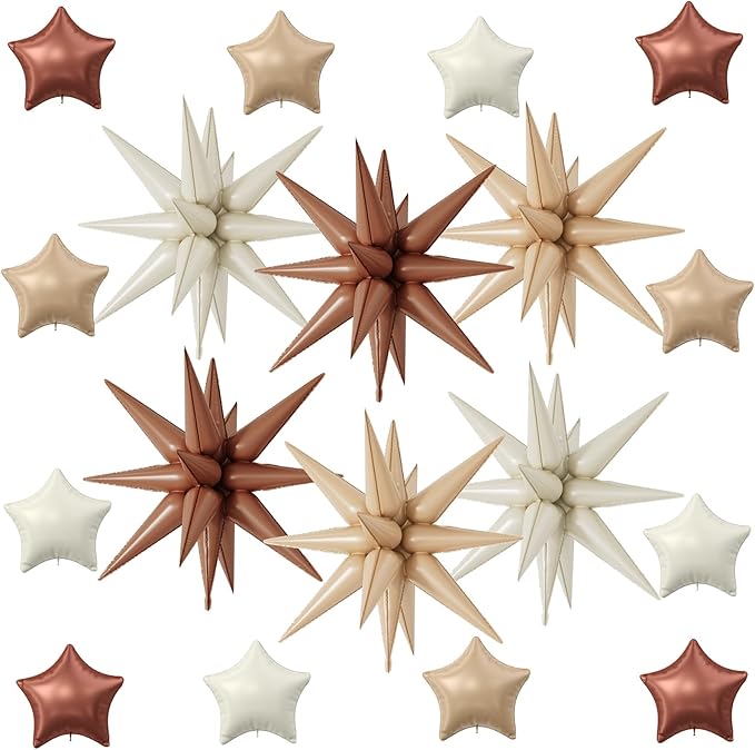 18 Pcs Cream Star Balloons, Caramel Brown Balloon with 6 Pcs 22-Inch Explosion Star Balloons 12Pcs 10-Inch Four Pointed Stars Foil Balloon for Boho Wedding Baby Shower Birthday Party Decoration