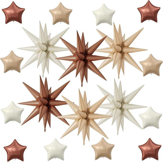 18 Pcs Cream Star Balloons, Caramel Brown Balloon with 6 Pcs 22-Inch Explosion Star Balloons 12Pcs 10-Inch Four Pointed Stars Foil Balloon for Boho Wedding Baby Shower Birthday Party Decoration