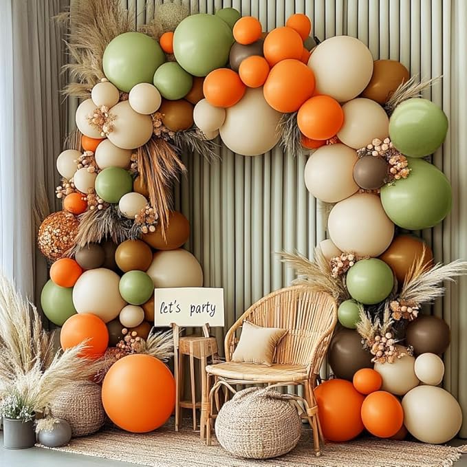 Green Orange Brown Balloon Garland Double Stuffed Dusty Green Dark Brown Balloons White Sand Coffee Fall Balloon Arch Kit for Birthday Woodland Baby Shower Dinosaur Autumn Theme Party Decoration