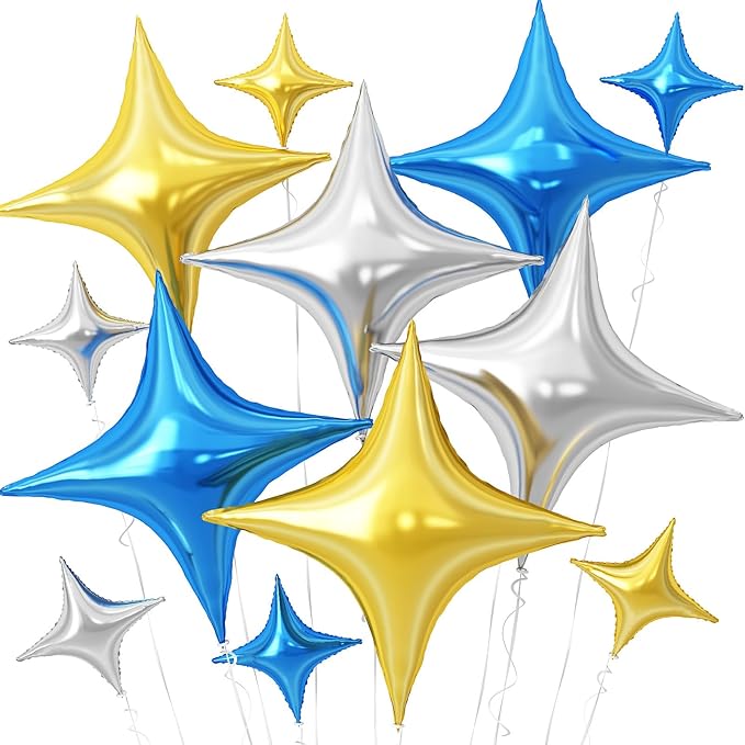 Blue Gold Silver Balloons,12Pcs Four Angle Star Foil Balloons,26Inch and 10Inch Blue Silver Gold Quadrangle Helium Balloon for Birthday Anniversary Party Decorations