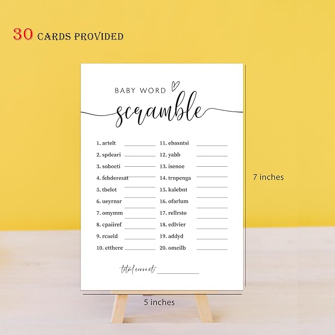 UHADRE Baby Shower Games - Word Scramble & Mommy Best Cards - Set of 30, Minimalist Double Sided Cards, Gender Reveal Game, Shower Activity Ideas-BBYX10