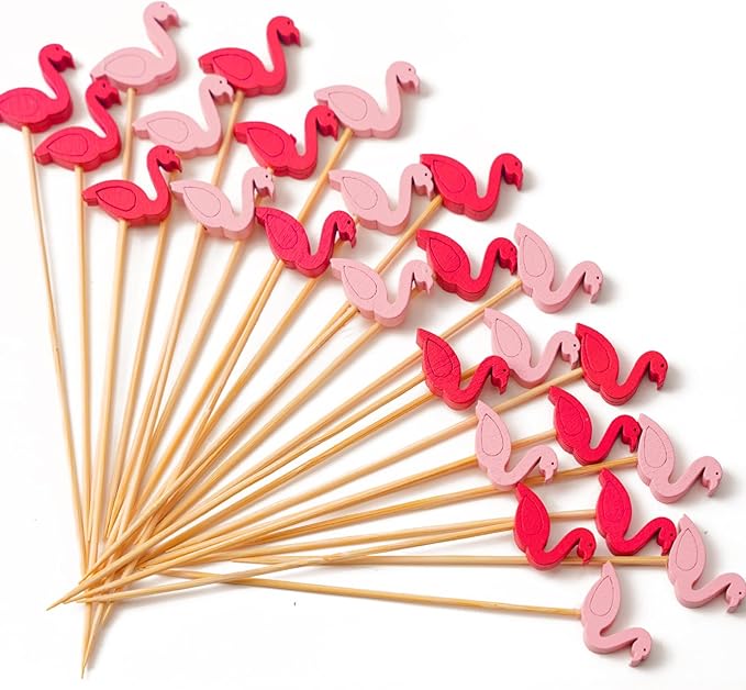 PuTwo Cocktail Picks Handmade Bamboo Toothpicks 100ct 4.7" in Flamingo Decor