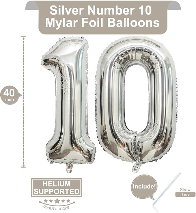 40 Inch Silver 10 Number Balloons Giant 10 Balloons Silver Birthday 10 Balloons 10th Birthday Anniversary Events Party Decorations Supplies