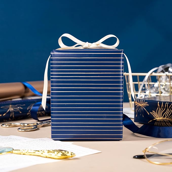 WRAPAHOLIC 30 Inch Navy Wrapping Paper - Jumbo Roll Gold and Navy Print with Cut Lines for Christmas, Birthday, Holiday, Father's Day, Baby Shower - 4 Rolls - 30 Inch x 120 Inch Per Roll