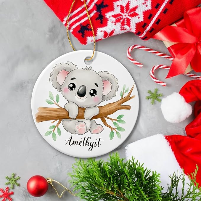 Personalized Name Cartoon Koala Ornament Christmas, Baby Koala Animal Ceramic Ornament, Koalas Xmas Decor Gift for Kids Children Son Daughter, Customized Koalas Keepsake Decoration, Wildlife Gift
