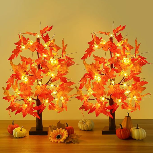 Joyhalo 2 Pack 23.5 Inch Fall Trees with Lights, Timer Battery Operated Fall Light Up Tree for Thanksgiving Autumn Home Office Room Indoor Decorations, Faux Fall Lighted Maple Trees Decor