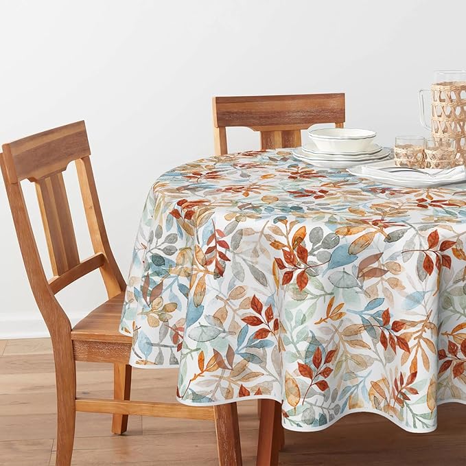 Horaldaily Fall Tablecloth 90×90 Inch Round, Thanksgiving Autumn Harvest Orange Blue Watercolor Leaf Table Cover for Party Picnic Dinner Decor