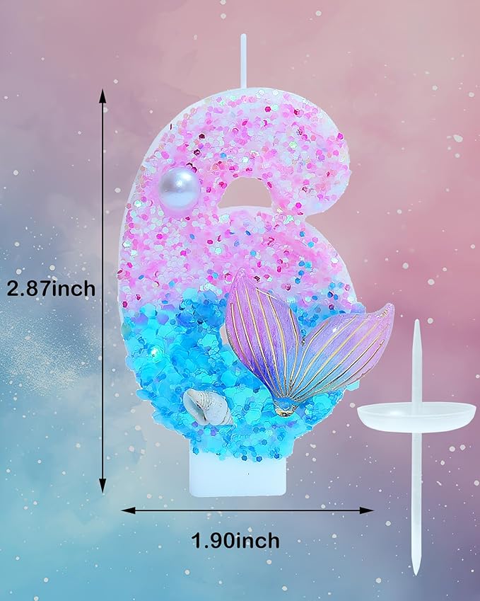 Mermaid Themed Birthday Candles, Number 6 Girls Glitter Birthday Party Supplies,Anniversary Party Decor,2.87 inch Cake Topper Decorations (Mermaid Themed, Number 6)