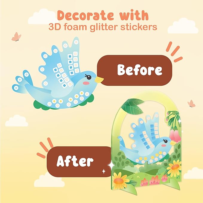 BINCA Foam Sticker Mosaic Art Activity, 750+ 3D Glitter Foam Stickers, 5 Garden Animals with Display Arch, Christmas Stocking Stuffers, DIY Mess-Free Activities, Gifts for Boys & Girls Ages 5,6,7,8