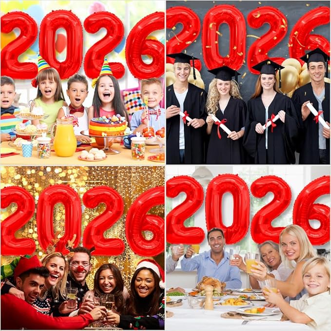 2026 Balloons, Balloon Numbers 2026 Number Balloons 2026, 40 Inch Foil Number Balloon for New Year Eve Festival Christmas Birthday Wedding Anniversary Party Supplies, New Years Decorations Red