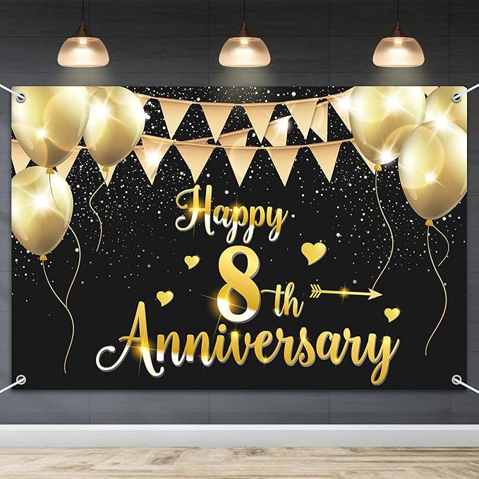 HAMIGAR 6x4ft Happy 8th Anniversary Banner Backdrop - 8 Wedding Anniversary Decorations Party Supplies - Black Gold
