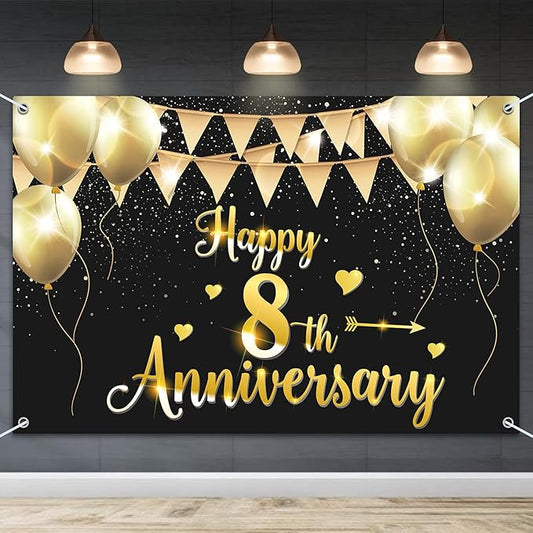HAMIGAR 6x4ft Happy 8th Anniversary Banner Backdrop - 8 Wedding Anniversary Decorations Party Supplies - Black Gold