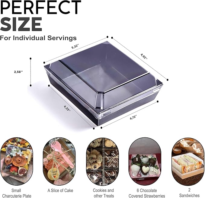 50 Pack Small Charcuterie Boxes with Clear Lids - To Go Paper Mini Charcuterie Box, Disposable Food Containers, 5Inch Dessert Boxes - Sandwich, Cookie, Sushi, Cake Slice, Strawberries (Black)