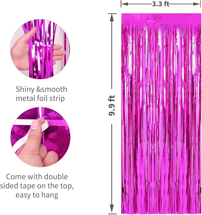 Crosize 3 Pack 3.3 x 9.9 ft Hot Pink Foil Fringe Backdrop Curtains, Streamer Backdrop Curtains, Streamers Birthday Party Decorations, Tinsel Curtains for Parties, Photo Booth Backdrops