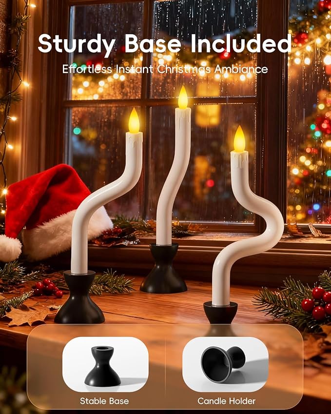 COOLWUFAN Christmas Window Candles, 3 Pcs Flameless Taper Candles with Remote Timer, Battery Operated Dripless LED Flickering 3D Flame, Holiday Decor for Home, Party (White Base)