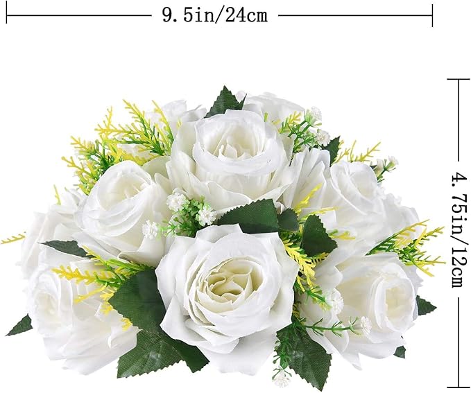 LoveCat Artificial White Roses Bouquet, 6 Pcs Faux Flower Balls Fake Flower 15 Heads Plastic Roses with Base, Perfect for Wedding Centerpieces Bouquets Party Table Decor Home Decor Floracel (White)