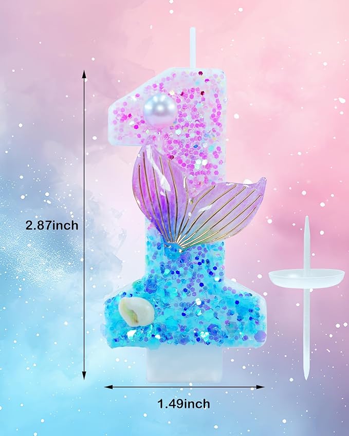 Mermaid Themed Birthday Candles, Number 1 Girls Glitter Birthday Party Supplies,Anniversary Party Decor,2.87 inch Cake Topper Decorations (Mermaid Themed, Number 1)