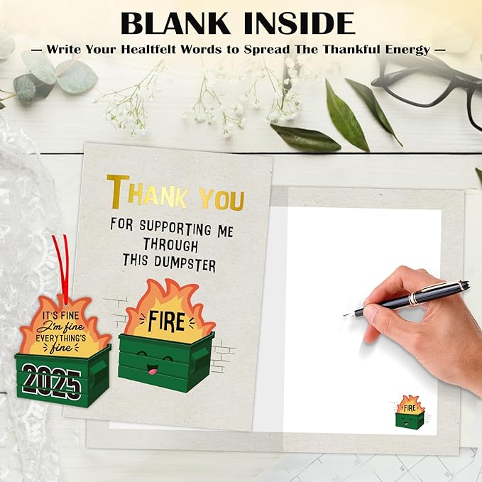 Christmas Thank You Cards - Funny Dumpster Fire Ornament Im Fine Everything's Fine Ornaments for Christmas Tree Decoration Xmas Gifts for Friends, Family, Coworker (Gold Foil, Envelope Included)