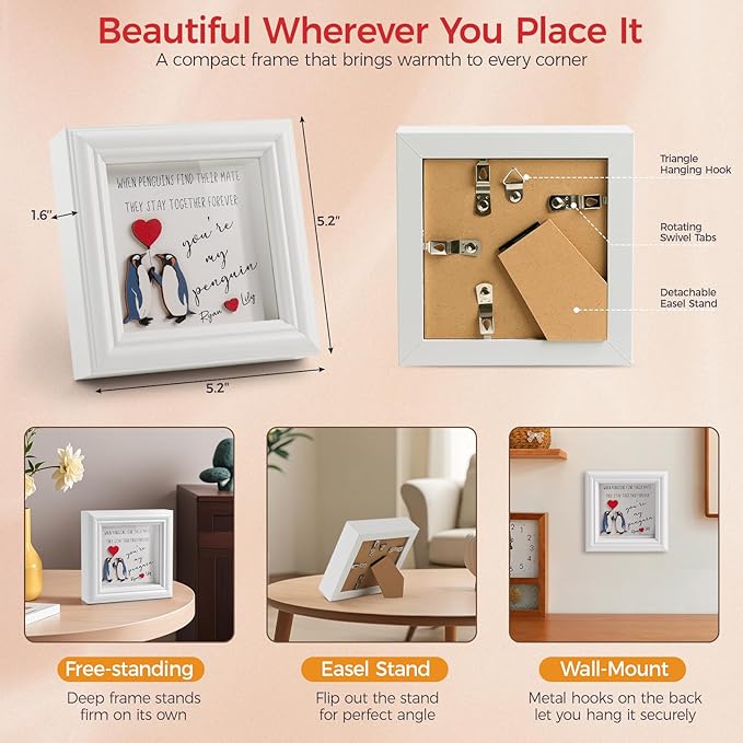 Valentine’s Day Gifts Shadow Box Frame – You Are My Penguin Gifts for Her Him, Cute Couple Gift, 3D Wooden Penguin Love Picture Frame, Anniversary Christmas Birthday Gift for Boyfriend Girlfriend (PenguinWH)