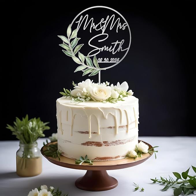 Mr & Mrs Wedding Cake Topper with Green Leaves Custom Last Name and Date Personalized Round Frame Cake Decoration in Acrylic and Wood