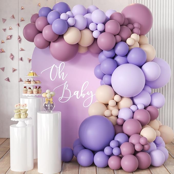 Dusty Purple Balloon Garland Kit, 166Pcs Pastel Lavender and Macaron Orange Balloons for Girls Women Princess Wedding Baby Shower Birthday Party Decorations Supplies