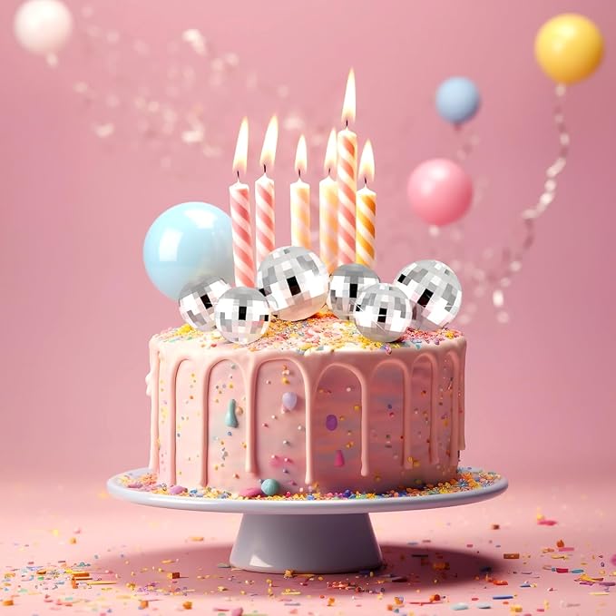 ASTARON 20 Pcs Disco Ball Cake Topper Decorations Sticks Silver Cake Balls Picks Toppers for Birthday Anniversary Disco Retired Theme Party Decorations