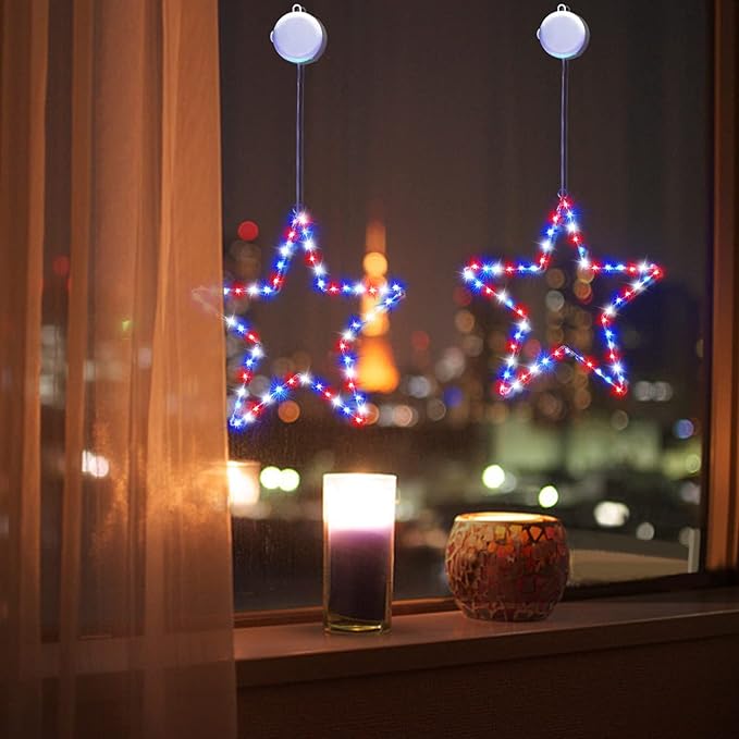 BlcTec 4th of July Decorations, 2 Pack Patriotic Red White Blue Star Window Lights with Suction Cups, Timer, Battery Operated Durable Metal Frame Silhouette Lights for July 4th Window Wall Decorations