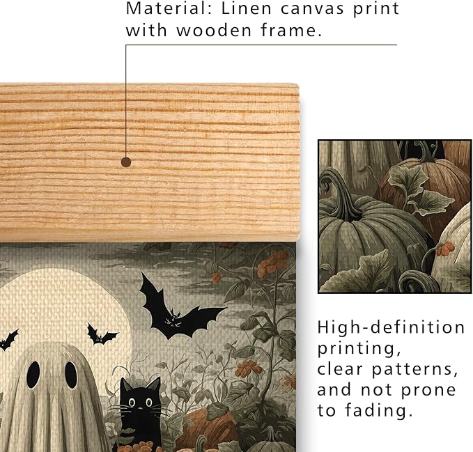Halloween Ghost and Black Cat Pumpkin Field Wall Art, 18.5x14 Inch Gothic Halloween Linen Canvas Print, Vintage Spooky Fall Decor, Retro Witch Gothic Wall Hanging Poster for Living Room Kitchen (BLK11)