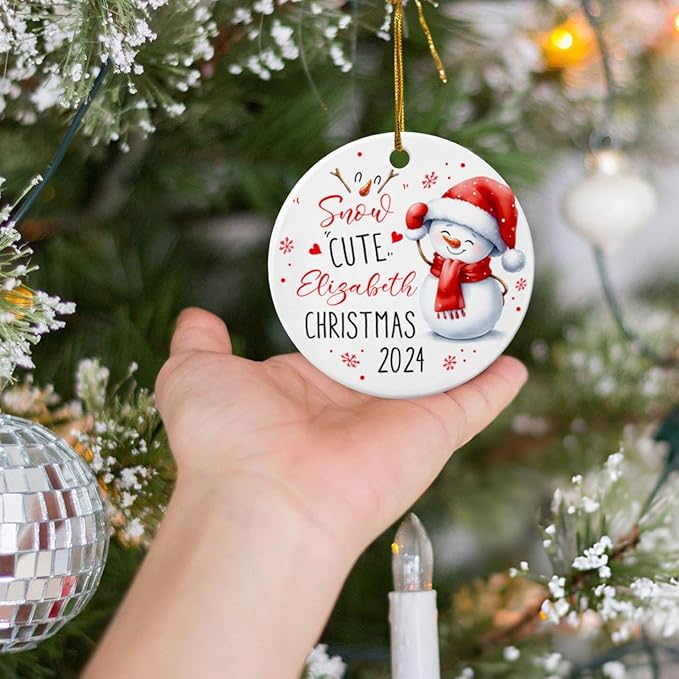 Personalized Snow Cute Christmas Ceramic Ornament, Snowman Wearing Santa Hat, Holiday Keepsakes Gifts for Baby Boy Girl Kids, Custom Name & Year for Xmas Tree