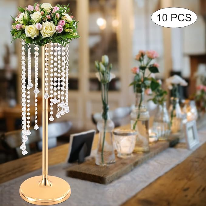 Wedding Centerpieces Gold Vases,10PCS Metal Flower Candle Holder with Sparkling Crystal Beads,Crystal Flower Vase Metal Flowers Stand for Party Tables Decorations (27.5in Gold-1)